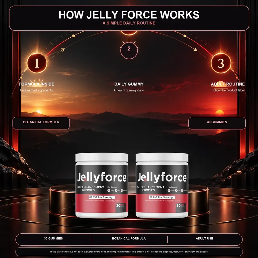 Sales-page artwork showing a three-step daily gummy routine