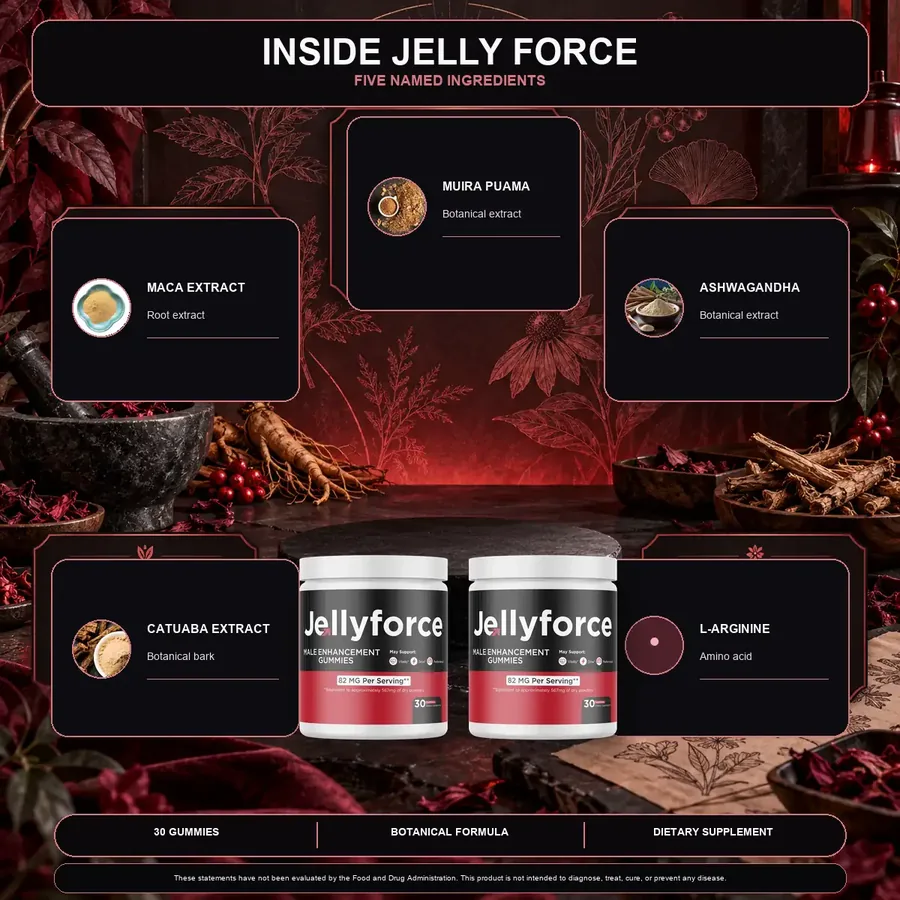 Sales-page artwork naming five Jelly Force ingredients