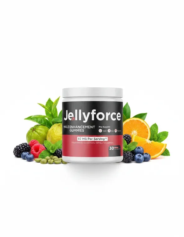 A bottle of Jelly Force gummies standing in a styled scene